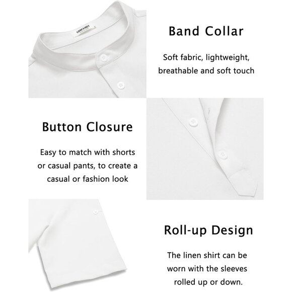 Men's Casual Henley Short Sleeve Band Collar Linen Summer Beach Hippie T-Shirts - Picture 5 of 7